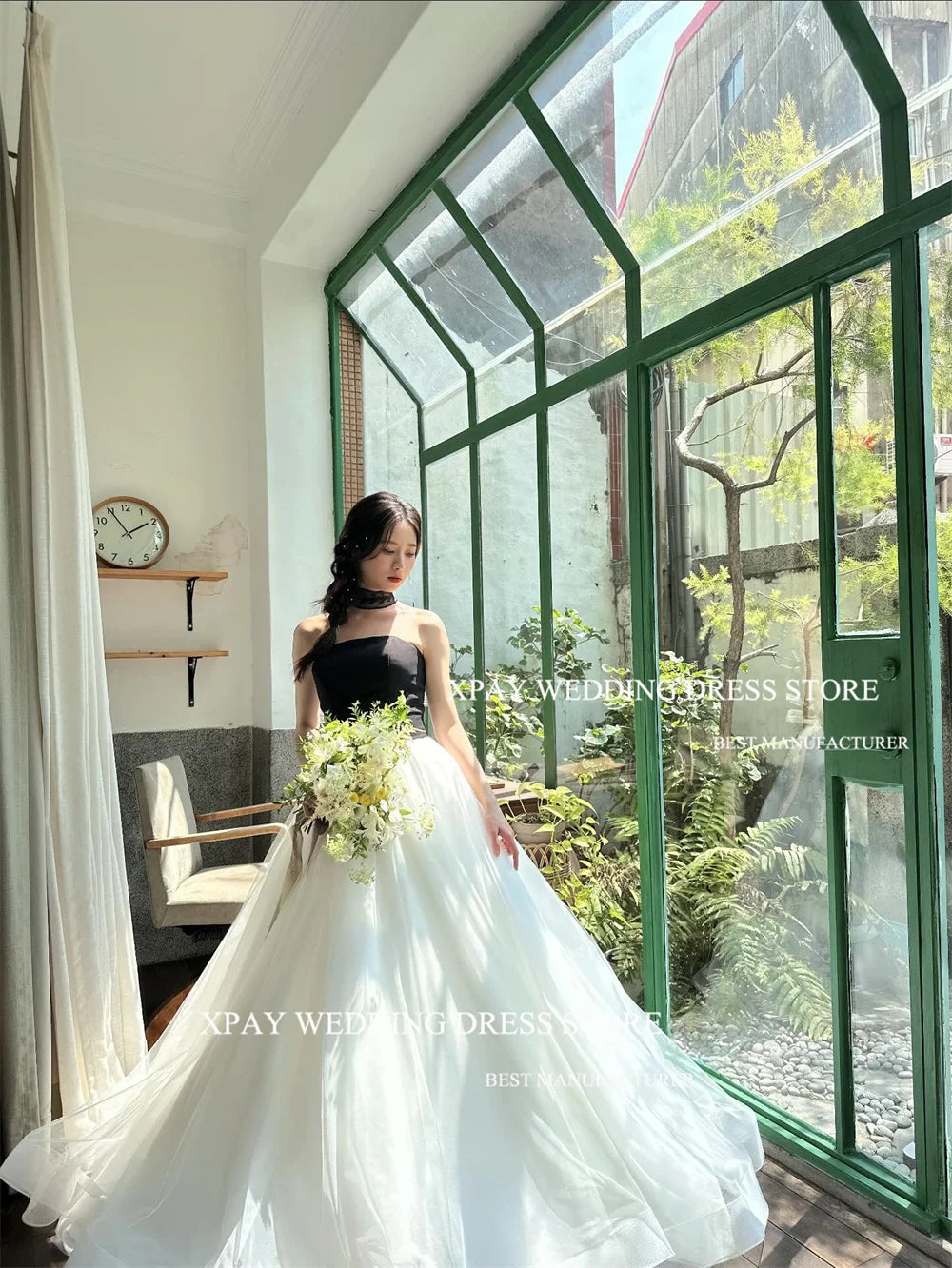 黑白撞色簡約A字韓系婚紗/ 拍攝禮服/ 無肩帶落地裙/ 綁帶/拉鍊背/ 可客製款