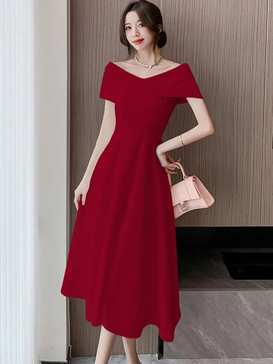 白色洋裝/優雅夏季短袖 V 領/黑性感長洋裝/紅色修身奢華派對晚禮服