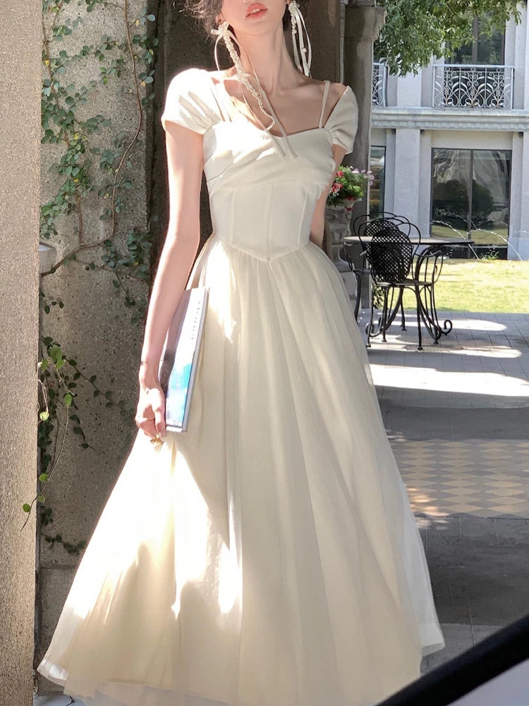 夏季甜美優雅正裝/蕾絲沙灘風格休閒派對中長連身裙/修身連身裙韓版復古