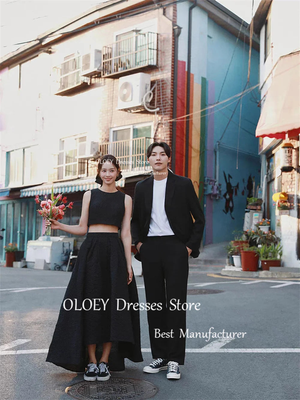 韓系簡約黑色婚紗|無袖圓領訂製及踝禮服