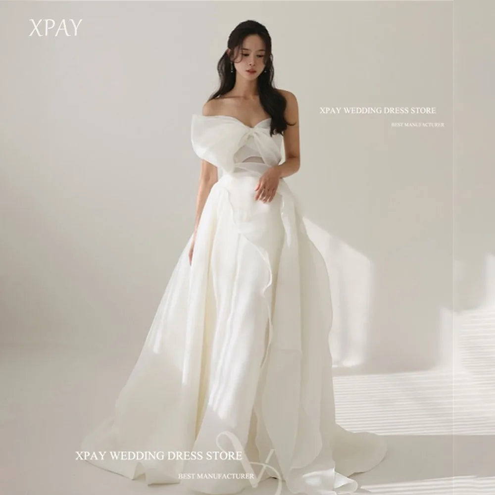 甜心領蝴蝶結高低擺婚紗/ 韓式無肩帶層次雪紡綁帶式訂製婚禮禮服