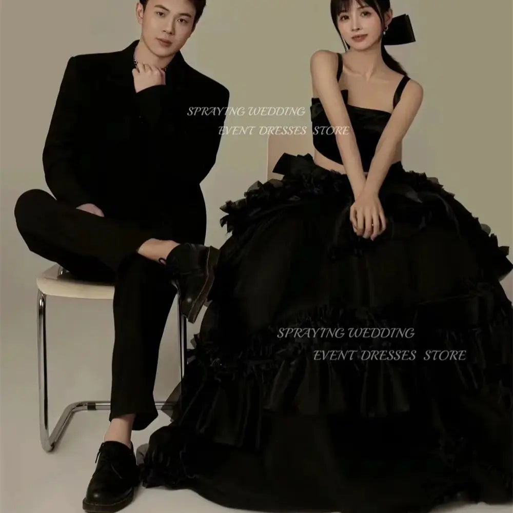 黑色優雅韓國拍攝禮服訂製/A字細肩帶晚會禮服/荷葉邊拖地舞會禮服