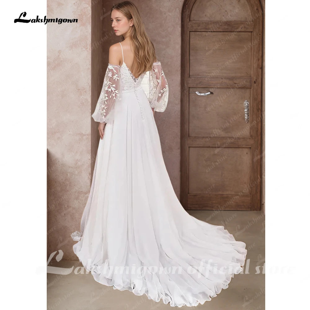 波希米亞風吊帶婚紗 A 字裙 高開衩貼花蕾絲款 可訂製