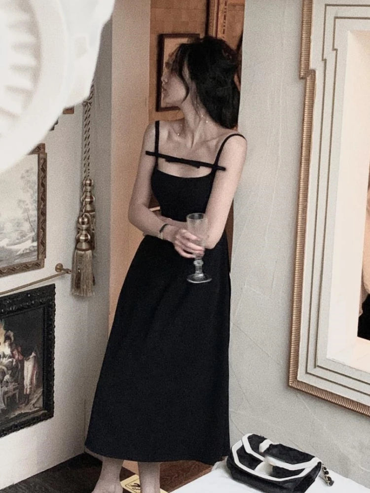 夏季 Y2K 細肩帶晚會禮服/純色優雅無袖性感 A 字短洋裝
