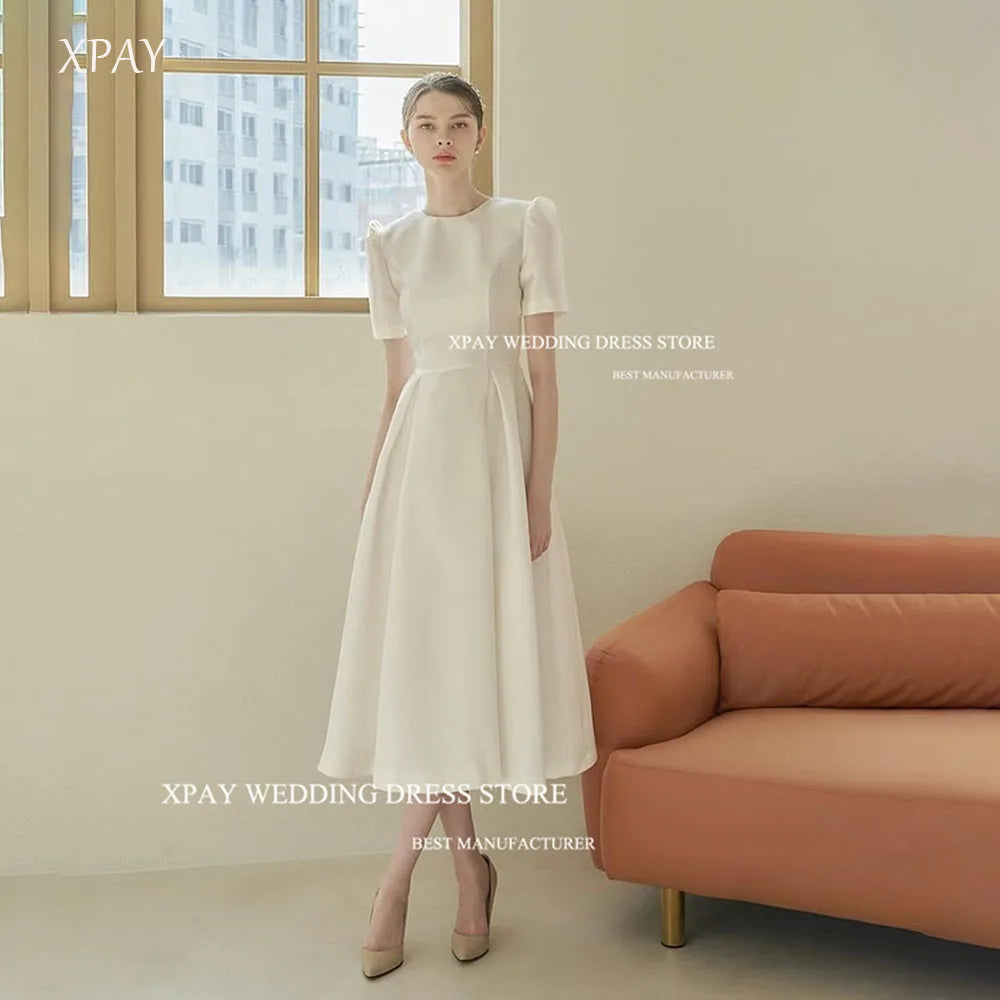 訂製圓領緞面婚紗|韓系攝影及踝長禮服