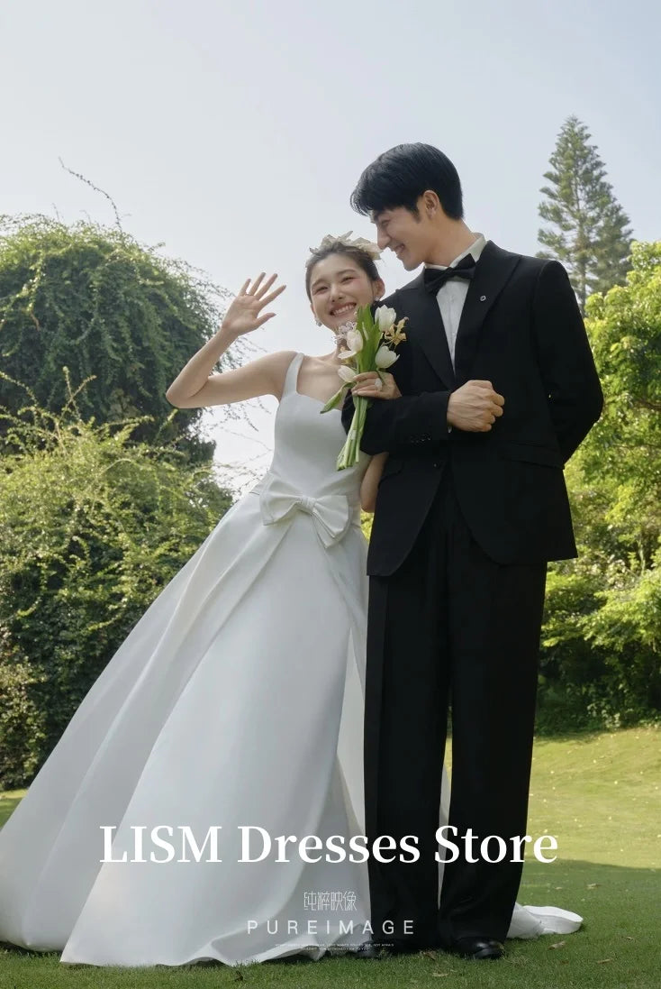 象牙色簡約 A 字型韓國婚紗攝影/柔軟緞面及地優雅新娘禮服/訂製緊身胸衣