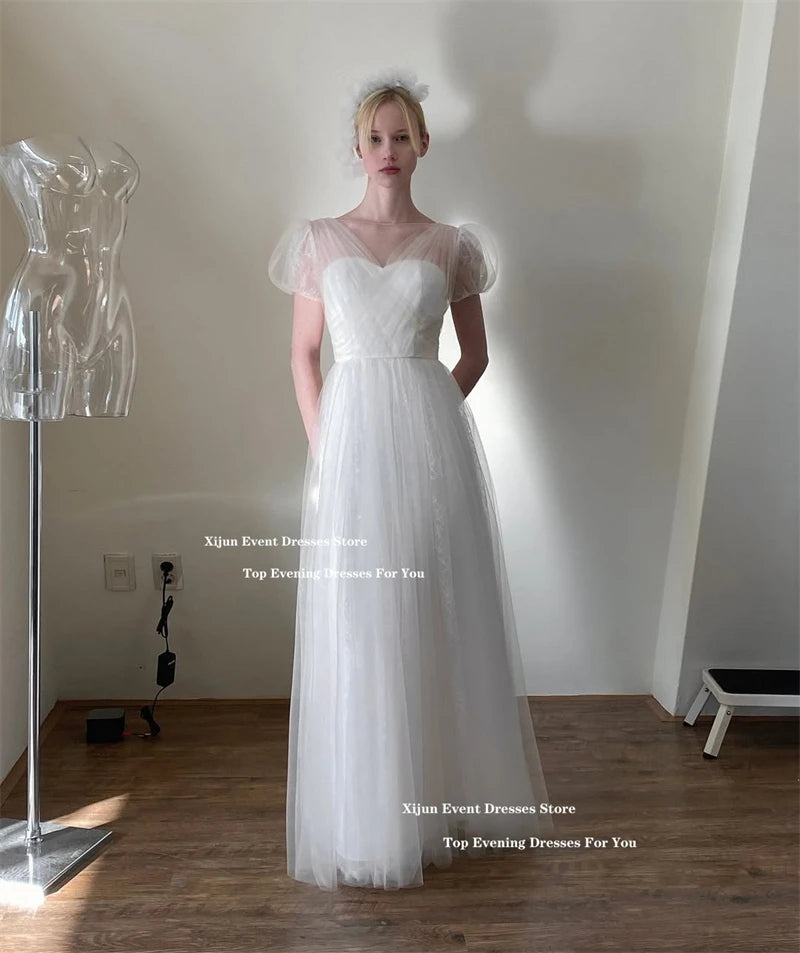 象牙白蕾絲婚紗/韓國A字型新娘禮服/泡泡袖拍攝長版婚禮派對禮服/訂製