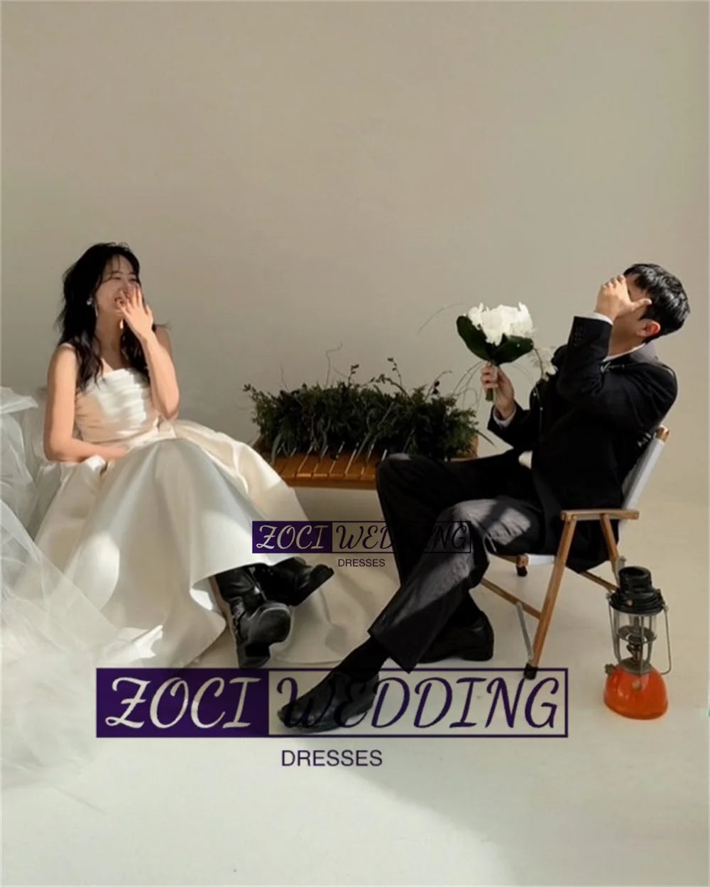 2 件式露肩上衣韓國婚紗/褶皺緞面新娘照片拍攝/派對禮服訂製/束腰長款新娘禮服