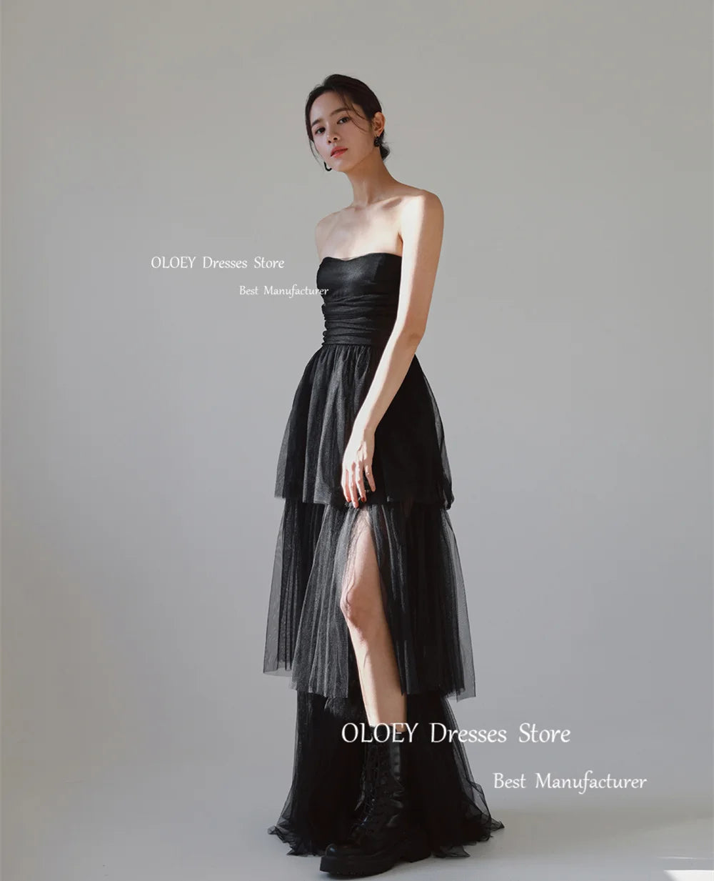 簡約露肩黑色晚禮服/韓國多層薄紗甜心婚禮派對/禮服拍攝/拖地長舞會禮服