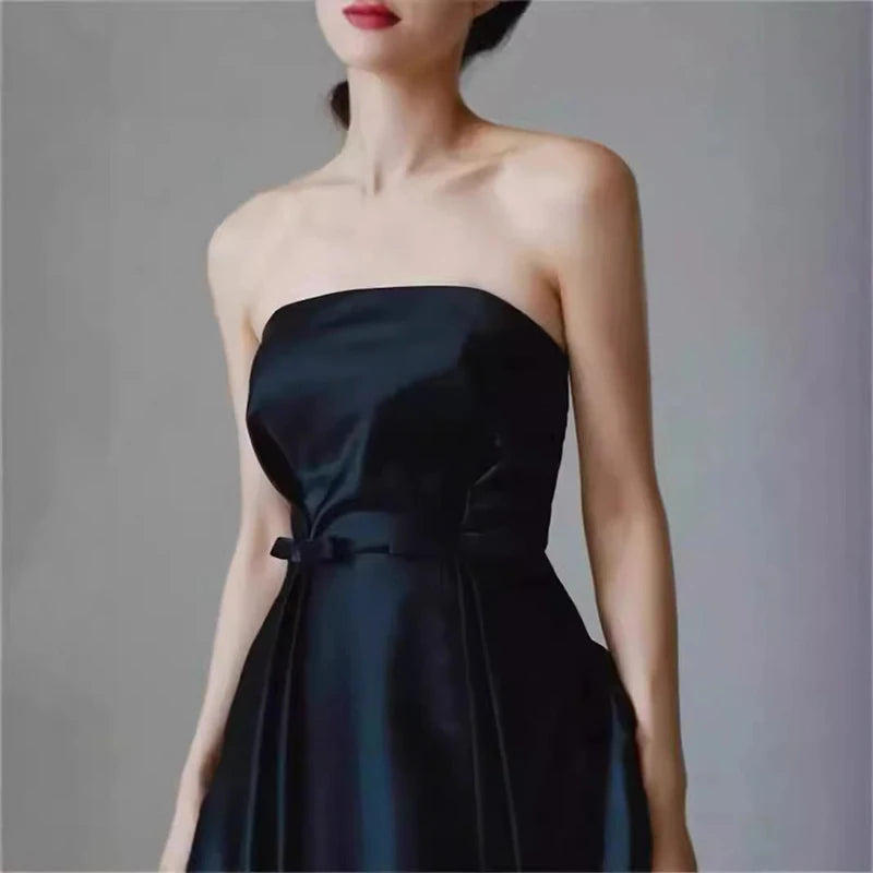 婚禮派對優雅洋裝/簡約A字型緞面韓國婚紗/束腰後背新娘禮服拍照/黑色洋裝