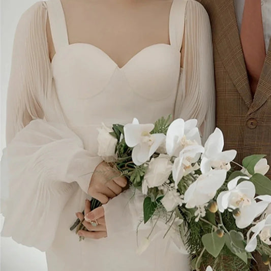 簡約白色韓國魚尾方領婚紗/拉鍊染色泡泡袖新娘禮服