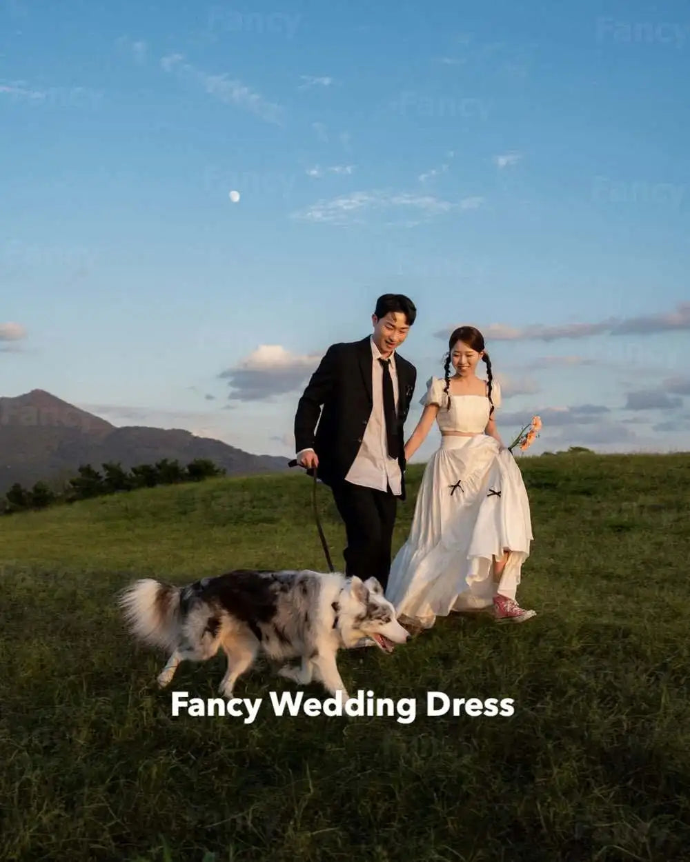 簡約兩件套方領婚紗花園拍攝/A字形黑色蝴蝶結塔夫綢新娘禮服/背部緊身胸衣/訂製