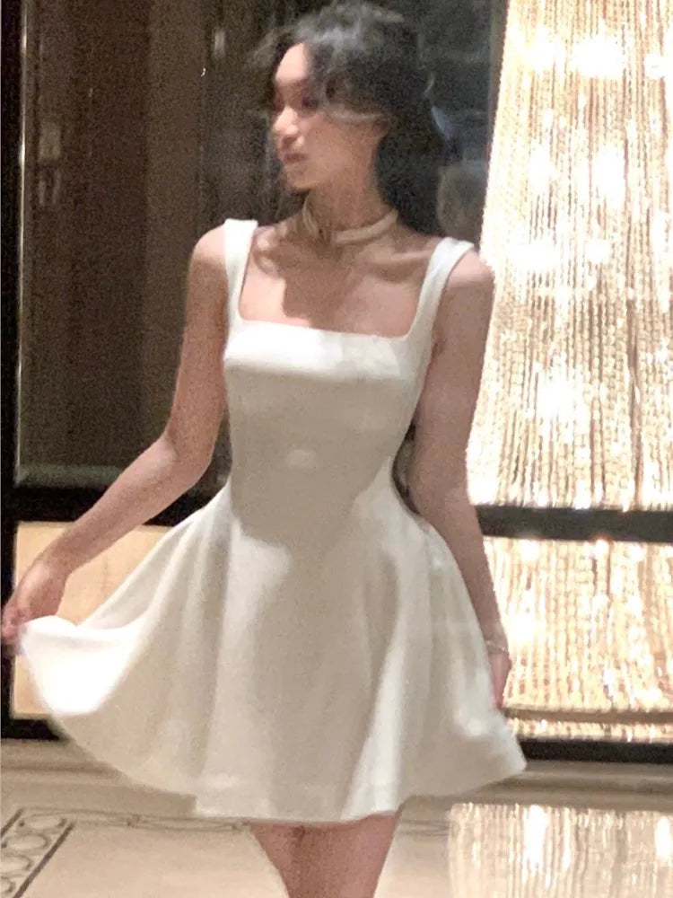 婚禮禮服/夏季純色中長洋裝/法式優雅節慶派對禮服/A字形舞會長裙/女裝新款