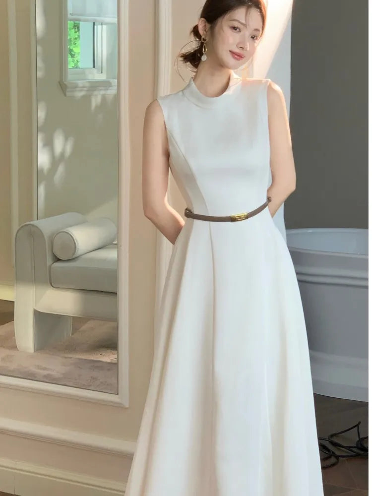 優雅拼接設計 A 字復古無袖長洋裝/ 晚宴派對禮服/ 法式氣質連身裙