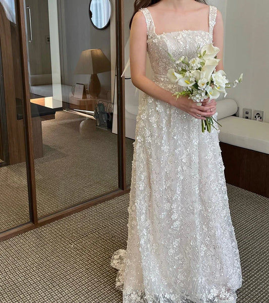方領象牙色甜美新娘婚禮抹胸派對禮服/韓國攝影婚紗
