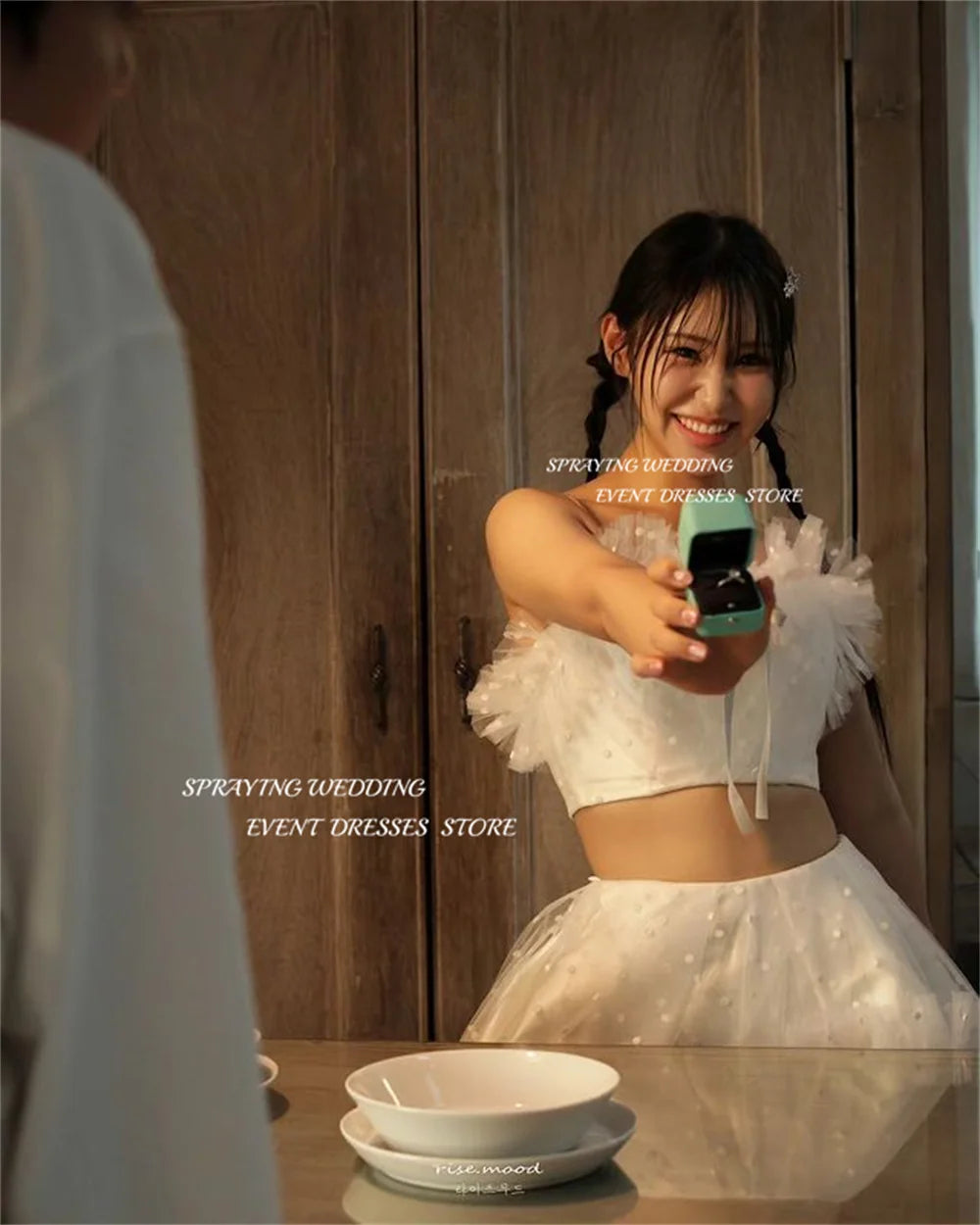 韓國婚紗禮服/ 簡約細肩帶A字裙晚禮服/ 2件式長款分層設計/ 晚宴定製款