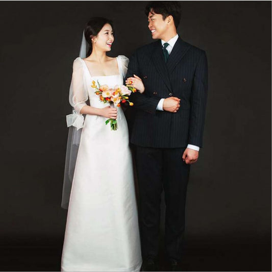 緞面韓式婚紗/新款新娘禮服/優雅方領透明袖簡約婚禮/派對禮服