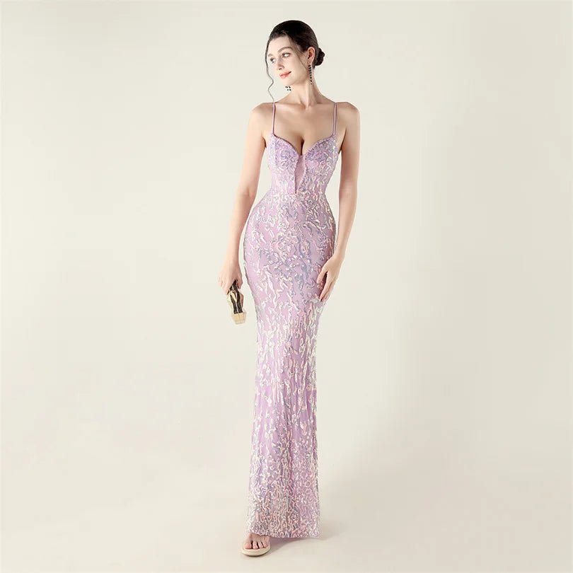 10色亮片美人魚晚禮服/ V 領細肩帶長禮服/ 派對宴會洋裝 - WeddLin 輕婚紗