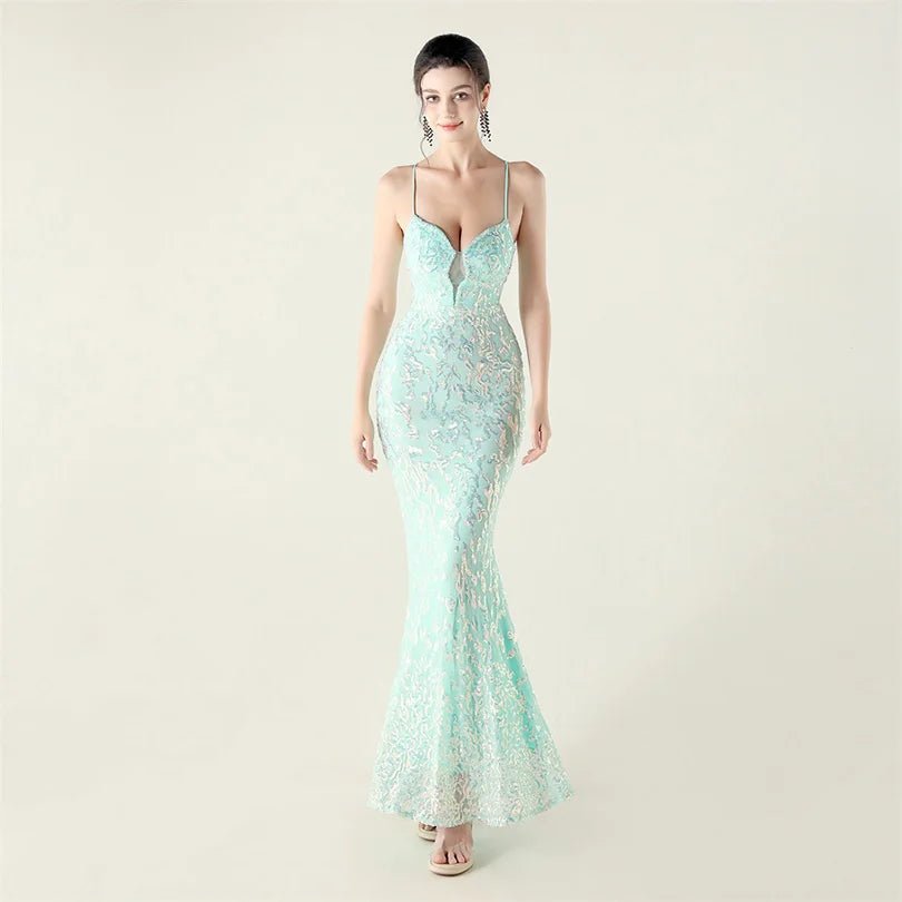 10色亮片美人魚晚禮服/ V 領細肩帶長禮服/ 派對宴會洋裝 - WeddLin 輕婚紗