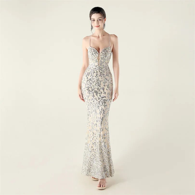 10色亮片美人魚晚禮服/ V 領細肩帶長禮服/ 派對宴會洋裝 - WeddLin 輕婚紗