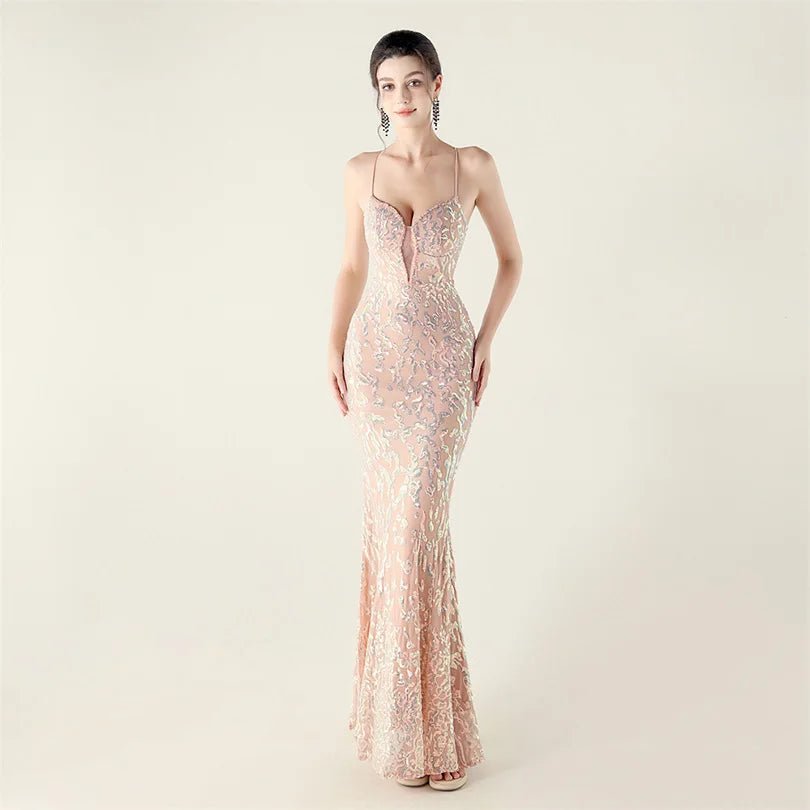 10色亮片美人魚晚禮服/ V 領細肩帶長禮服/ 派對宴會洋裝 - WeddLin 輕婚紗