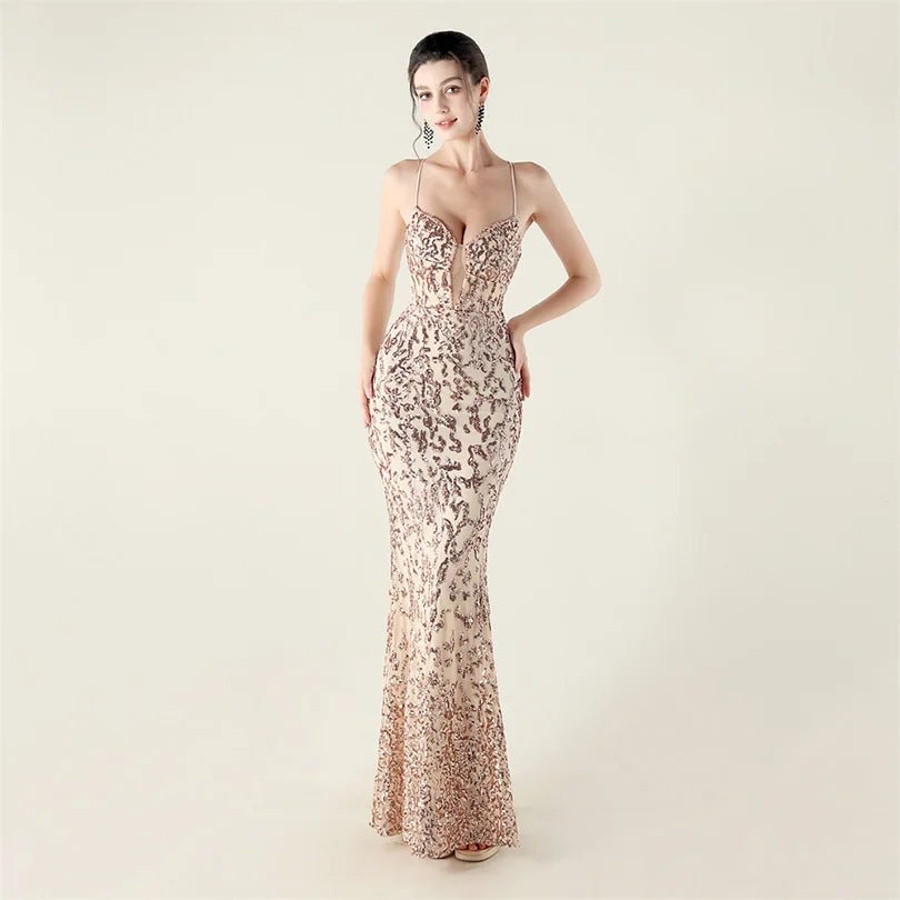 10色亮片美人魚晚禮服/ V 領細肩帶長禮服/ 派對宴會洋裝 - WeddLin 輕婚紗