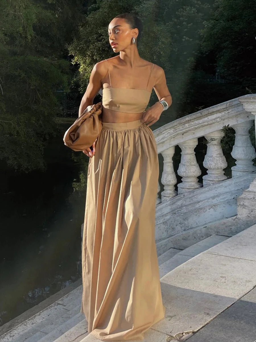 100% 純棉吊帶內搭半長裙套裝/ 夏季沙灘風/ 長裙套裝 - WeddLin 輕婚紗