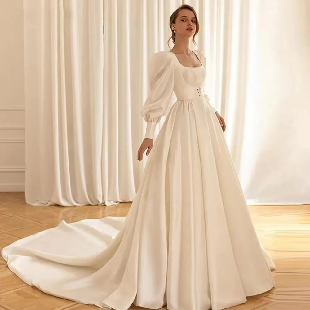 優雅緞面婚紗/可拆式外套方領新娘禮服/長泡泡袖