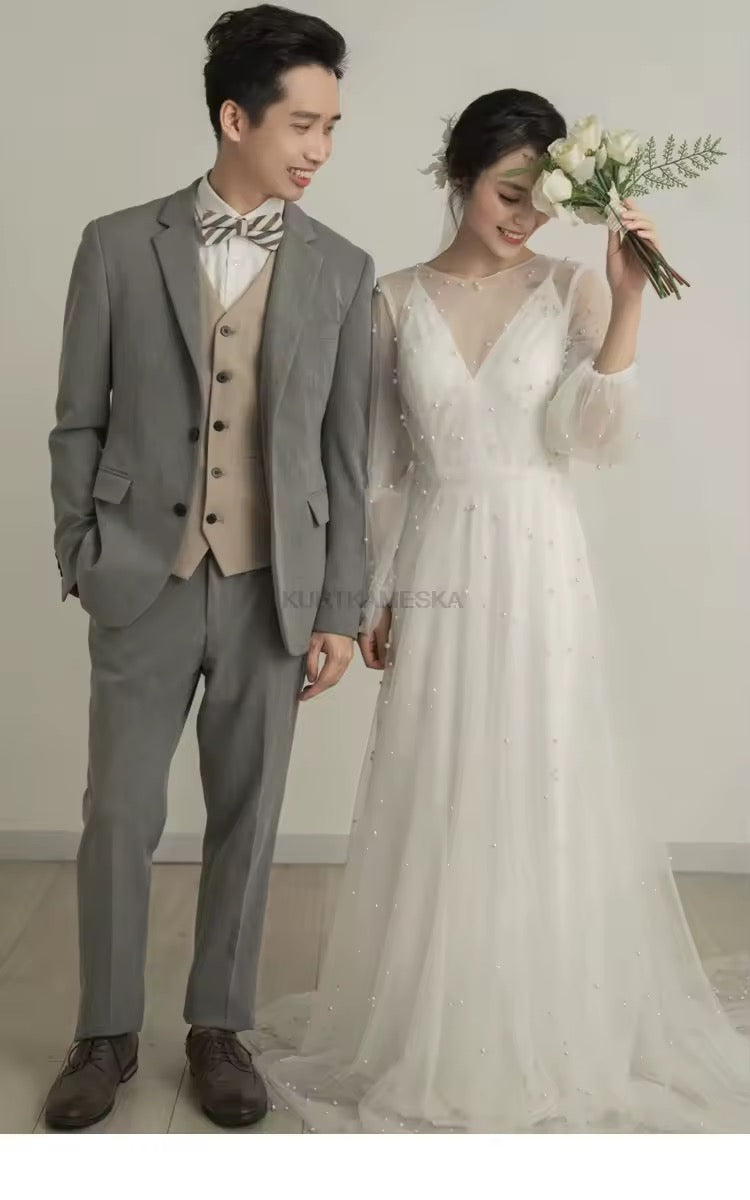 韓版A字珍珠新娘禮服/長袖兩件式婚紗/超仙簡約婚紗/訂製