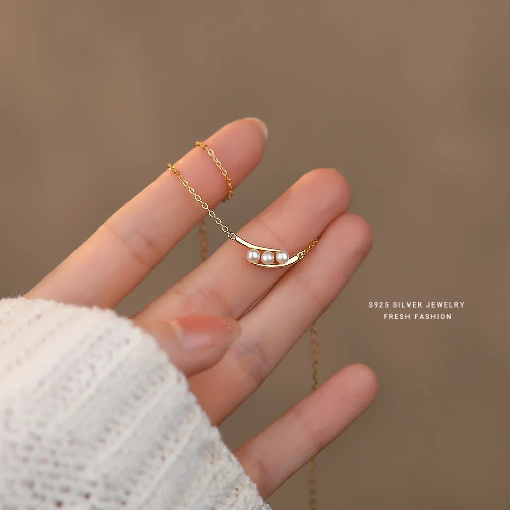 925純銀法式輕奢復古幾何珍珠吊墜項鍊/適合派對配戴 - WeddLin 輕婚紗