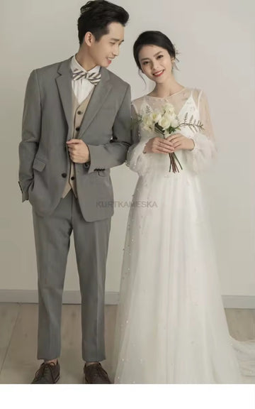 韓版A字珍珠新娘禮服/長袖兩件式婚紗/超仙簡約婚紗/訂製