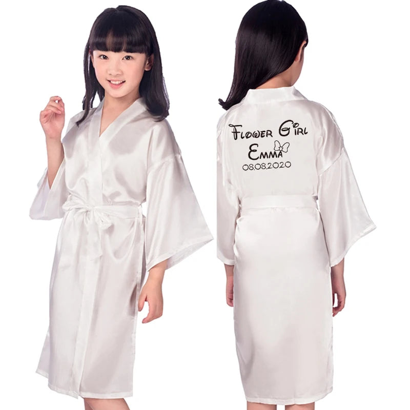客製化姓名花童/和服長袍/婚禮浴袍/睡衣兒童長袍+腰帶睡裙/新娘派對兒童長袍