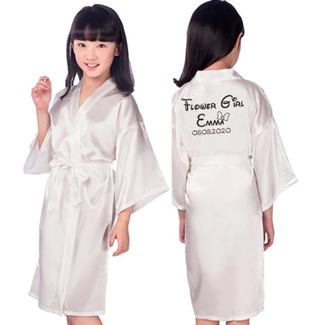 客製化姓名花童/和服長袍/婚禮浴袍/睡衣兒童長袍+腰帶睡裙/新娘派對兒童長袍