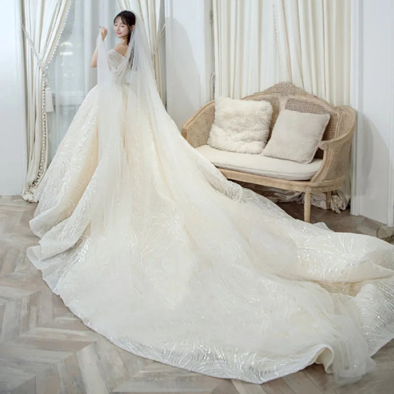 奢華亮片婚紗/經典船領新娘禮服/露肩新娘禮服/新娘禮服訂製