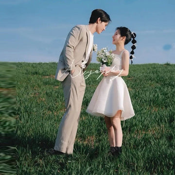 簡約韓國短婚紗/訂製寬肩帶方領迷你新娘洋裝/束腰後背婚禮