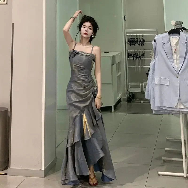 韓國復古天鵝絨長裙/奢華修身美人魚細肩帶碎花洋裝/優雅性感休閒晚會派對禮服
