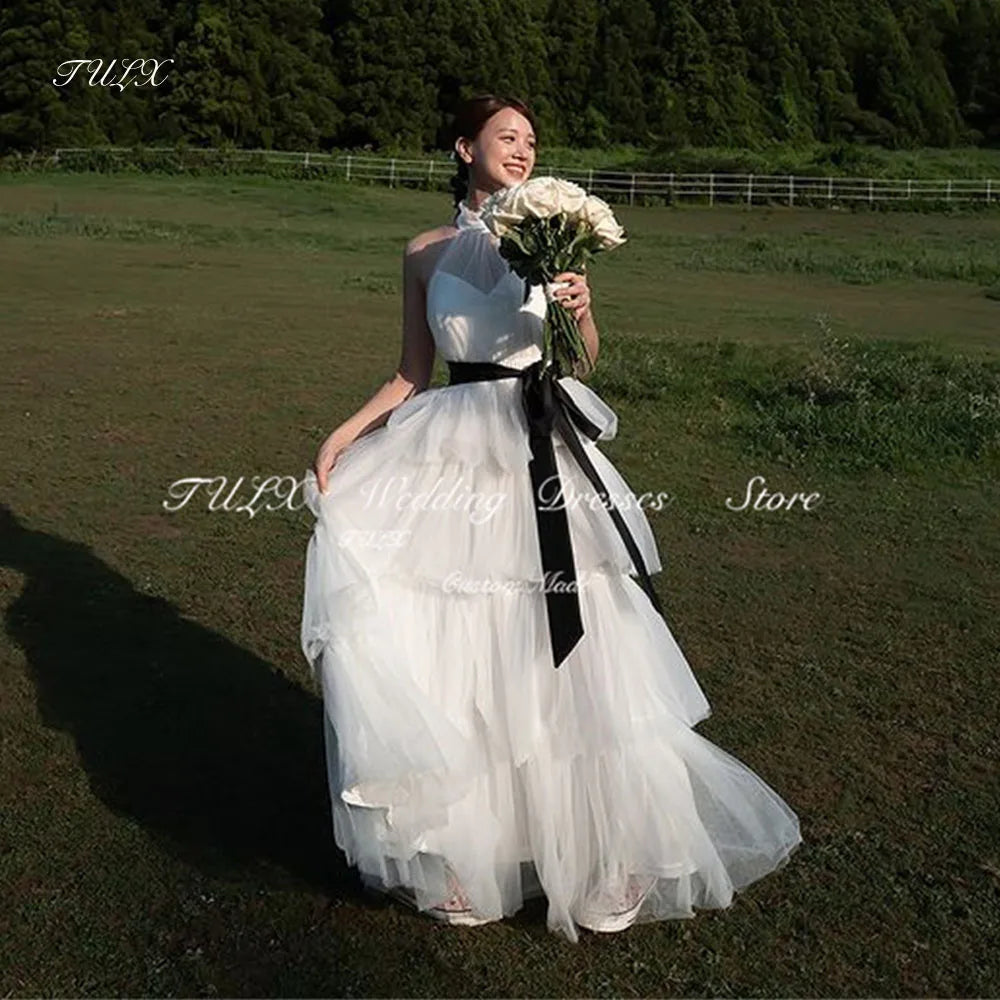 奢華掛脖韓國薄紗婚紗拍攝/拖地長款多層新娘禮服/束腰拉鍊/訂製