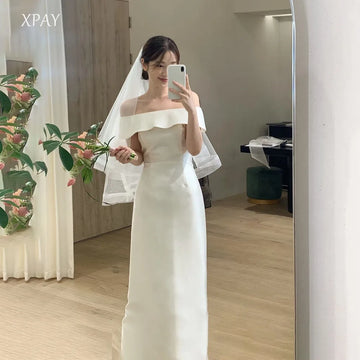 簡約一字肩荷葉邊韓版婚紗禮服/柔緞落地裙擺設計，適合婚禮、派對、拍攝，可訂製款