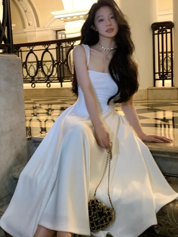 婚禮禮服/夏季純色中長洋裝/法式優雅節慶派對禮服/A字形舞會長裙/女裝新款