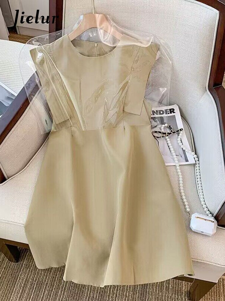 夏季新款休閒純色修身連身裙/修身優雅女連衣裙/白綠棕色圓領雪紡連衣裙