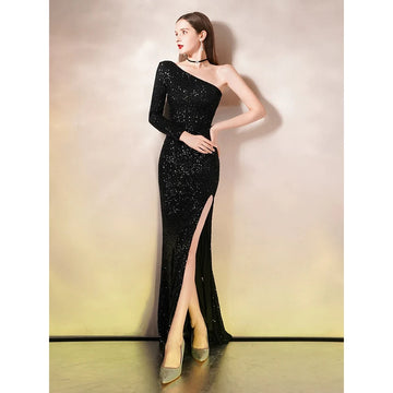 一肩晚禮服/長版性感魚尾開衩正裝/適合特殊場合