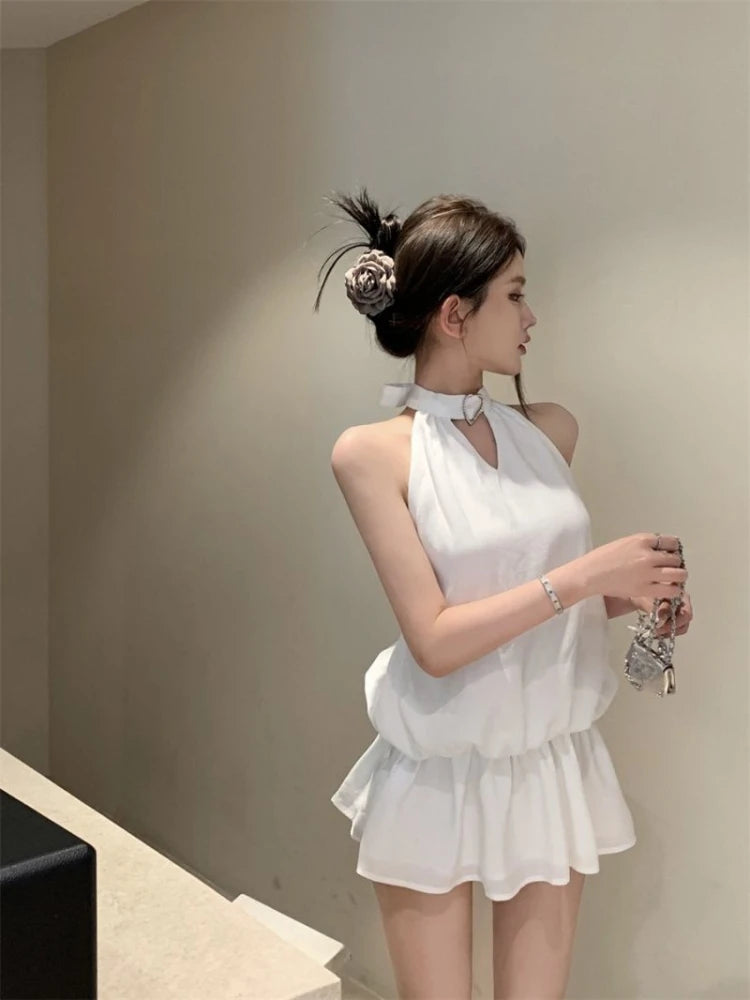Y2k 夏季連身裙/純色露背氣質性感長裙/無袖吊帶性感連身裙