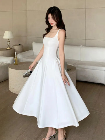 優雅純洋裝/復古方領無袖細肩帶/ A 字型婚禮派對禮服/舞會禮服