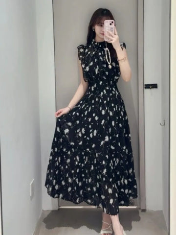 清新中長印花高腰長裙/新款溫柔文藝繫帶百褶修身精緻女裝/日本新款優雅連身裙