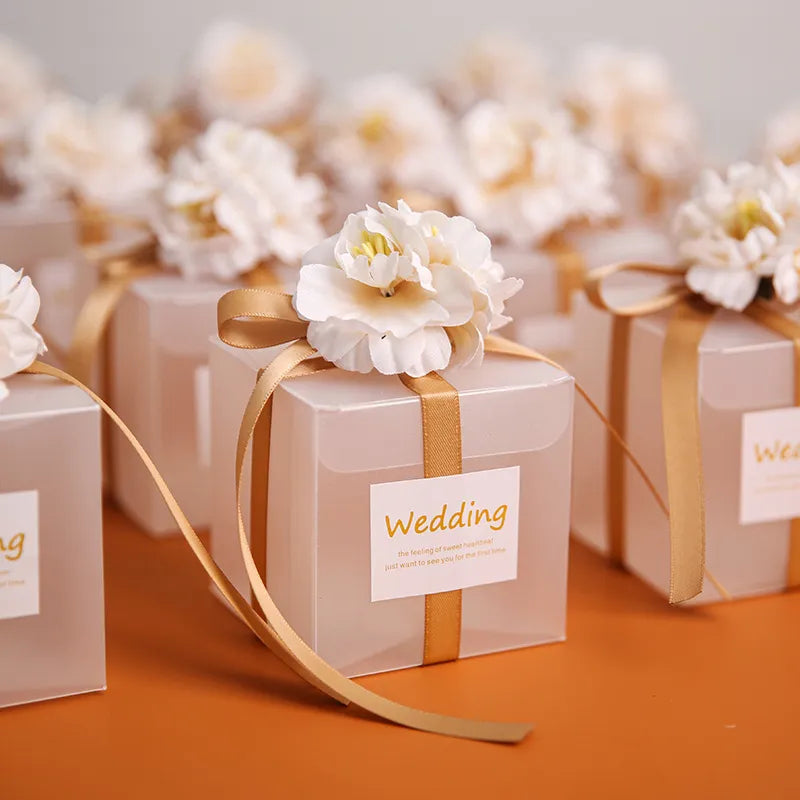 透明糖果盒/人造花絲帶婚禮紀念品/賓客霧面糖衣巧克力禮盒