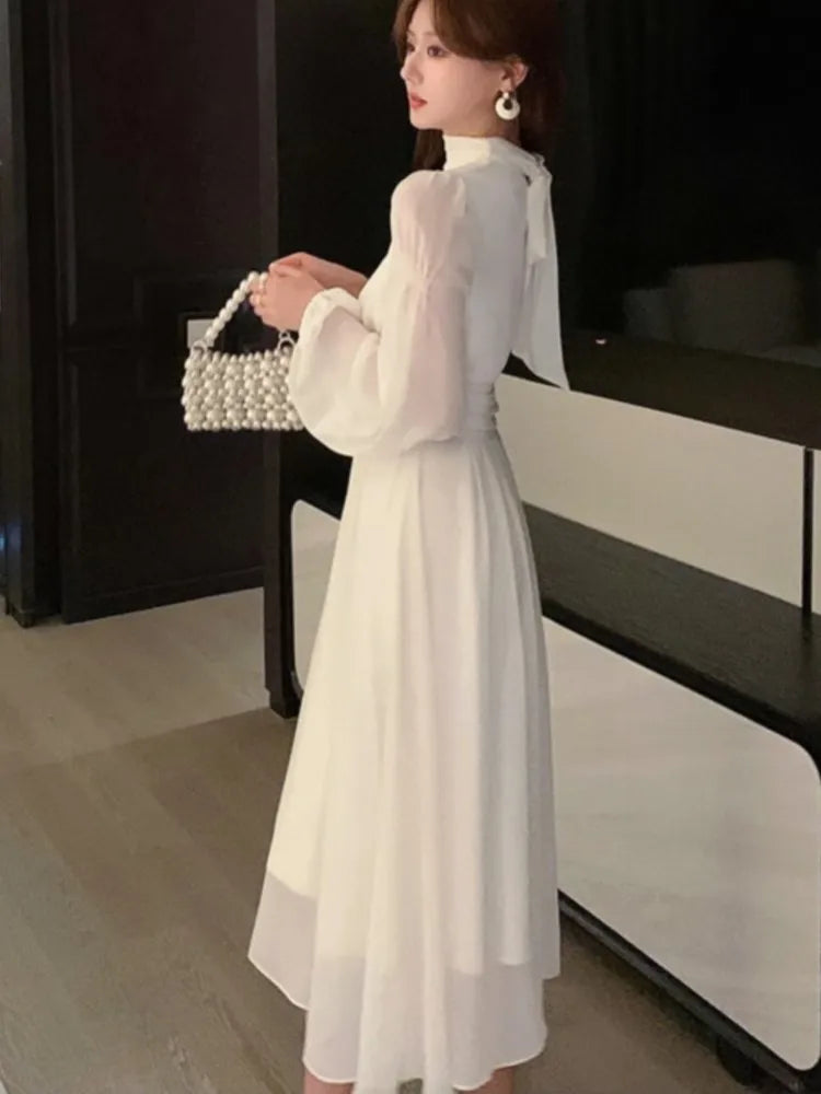優雅長袖晚禮服/秋季修身繫帶 A 字派對舞會白色連身裙/秋季法式新款