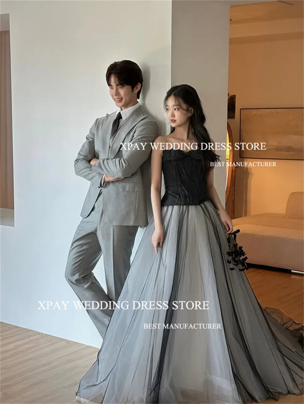 多層次平口黑紗輕婚紗｜WeddLin 客製婚紗