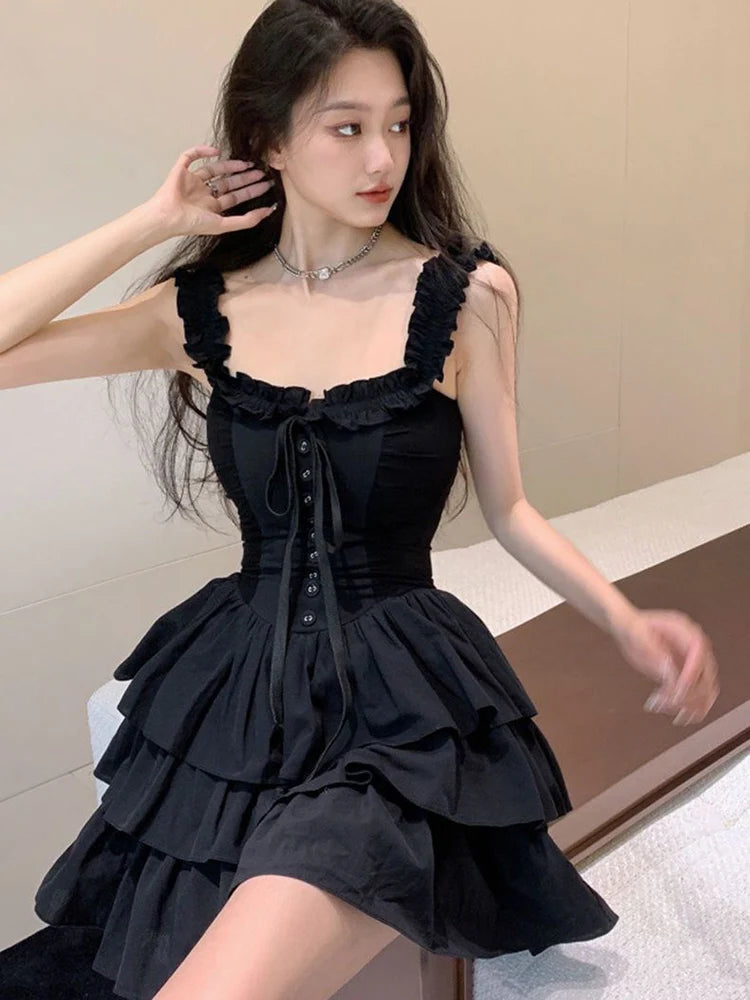性感吊帶洛麗塔風格黑色連身裙/復古無袖 Y2K 迷你連身裙/夏季修身甜美韓國繫帶蛋糕裙/新品