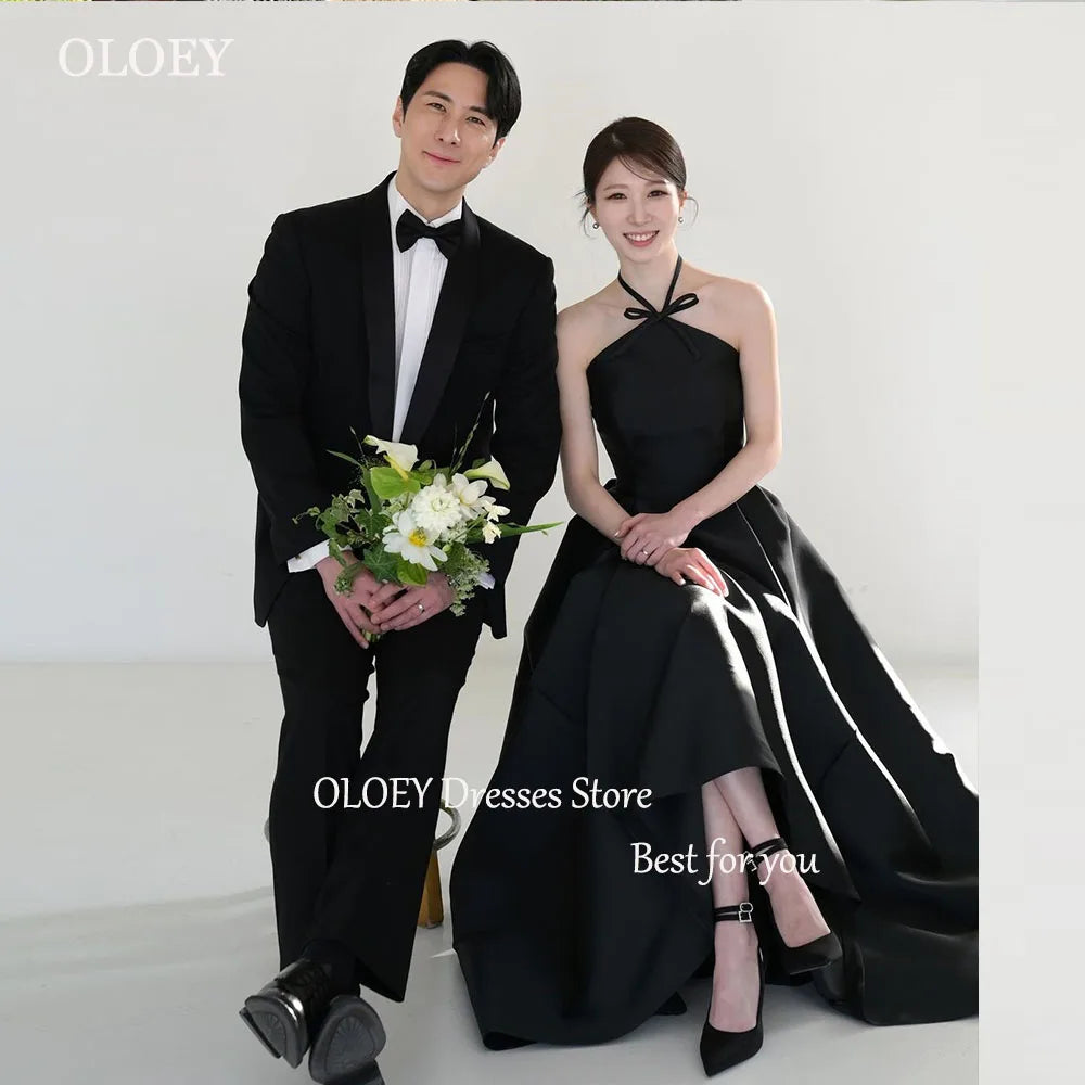 黑色優雅婚紗/掛脖A字簡約韓國婚紗/攝影拍攝禮服/無袖新娘禮服/定制