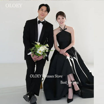 黑色優雅婚紗/掛脖A字簡約韓國婚紗/攝影拍攝禮服/無袖新娘禮服/定制